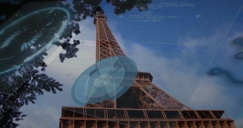 Eiffel tower cityscape with futuristic digital interface