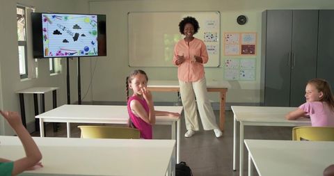 Smiling diverse teacher leading interactive elementary classroom with engaged students and display