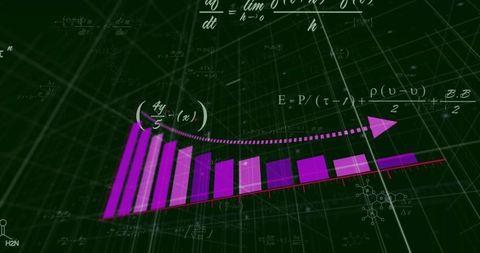 Magenta-to-Violet 3D Bar Chart Rising over Dark Green Grid with Curved Dotted Arrow
