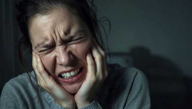 Woman Clutching Cheeks Appears Sad Compression in Dimly Lit Bedroom