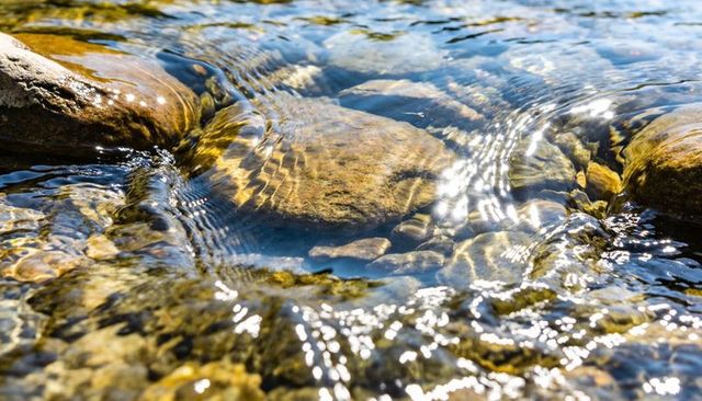 Sunlit shallow stream flowing over rounded river rocks with ripples and refracted light