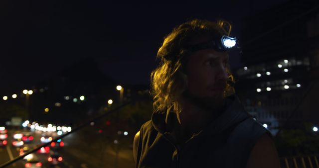 Man with long hair wearing headlamp in urban setting during night, walking alone with street and building lights in background. Suitable for topics on night adventures, city life at night, urban exploration, safety during night.