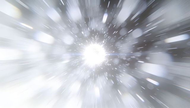 Radiating white light burst with radial streaks, bokeh particles and lens flare