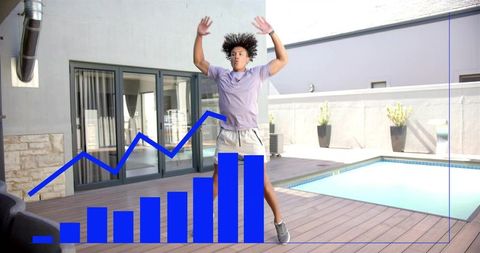 Jumping young man on modern pool deck showing rising blue bar graph visualizing analytics