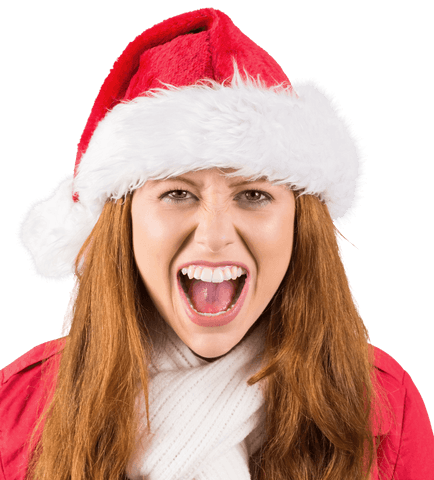 Festive redhead expressing joy in santa hat transparent