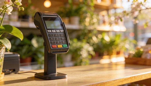 Contactless card terminal sitting on wooden counter surrounded by plants with warm bokeh
