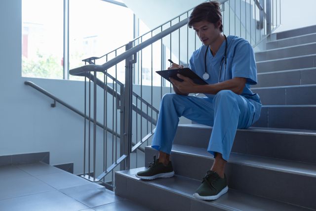 Caucasian male surgeon in blue scrubs and stethoscope sitting on hospital stairs, writing on clipboard. Ideal for use in medical, healthcare, and hospital-related content, showcasing dedication and focus of medical professionals.