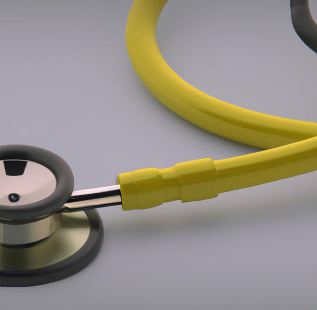 Image of close up with detail of yellow stethoscope on white background. Medicine, doctors and healthcare services concept.
