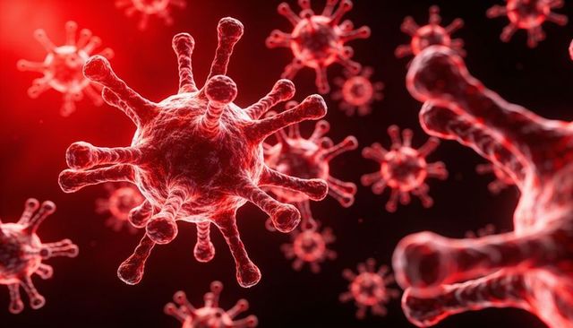 Glowing red virus particle 3d rendering with spiky envelope and deep depth-of-field