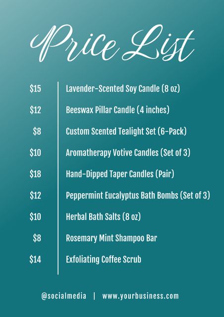 Stylish price list featuring variety of skincare and candle products against teal background. Includes soy candles, beeswax candle, tealight set, votive candles, bath bombs, herbal bath salts, shampoo bar, coffee scrub. Perfect for beauty shops, candle stores, wellness businesses, social media promotions, personalized product displays, event brochures.