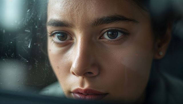 Closeup portrait of woman pressing face to window glass with reflective gaze and smudges