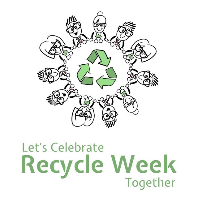 Image of recycle week and cartoon peoples over recycling icon on white background. Eco awareness, waste recycling and recycling week concept.