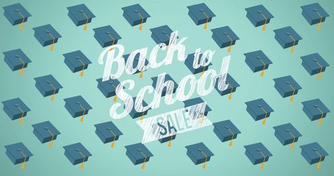 Back to School Sale Text with Mortarboards on Green Background