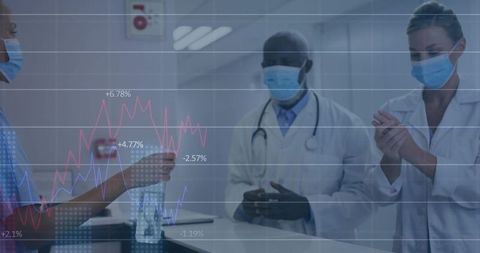 Medical staff sanitizing at reception with masks and analytics overlay for infection control