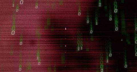 Streaming Binary Code Against Red Digital Glitch Background