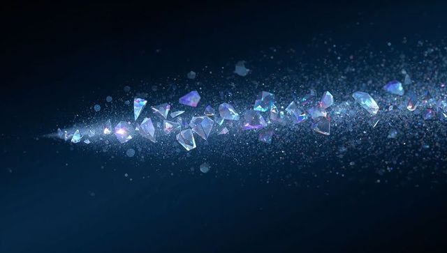 Iridescent crystal shards streaming across deep navy with prismatic glass fragments trail