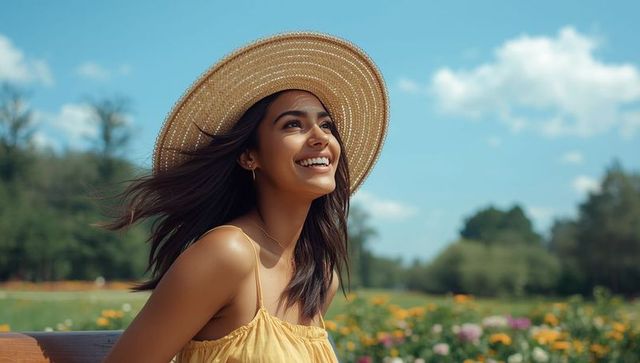 Smiling woman in straw hat enjoying flower garden serenity