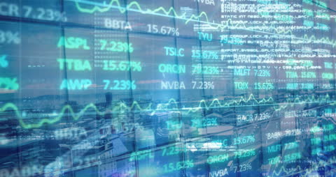 Financial Data Animation Overlaying Cityscape