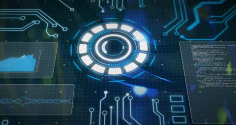 Futuristic Digital Interface with Circular Graphics and Data Streams