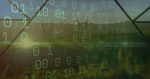 Futuristic Energy Transmission Over Countryside with Binary Code Overlay