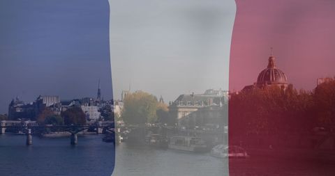 French National Flag Overlay on Paris Cityscape Celebrating Patriotism