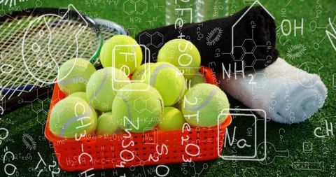 Tennis balls in basket with rackets and formulas overlay on turf