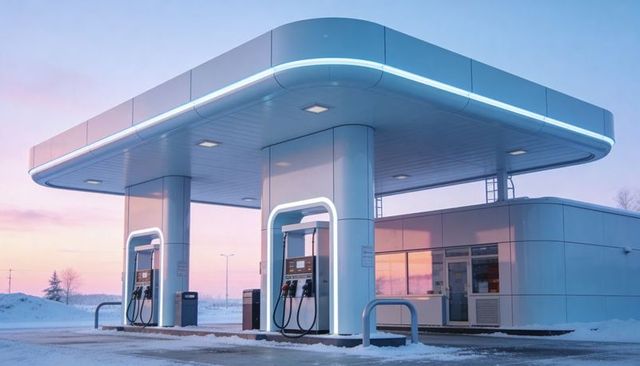Modern led-lit gas station canopy at twilight over snowy forecourt with twin fuel pumps
