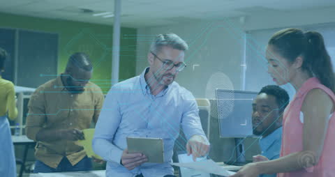 Diverse Team Discussing Cybersecurity with Holographic Interface