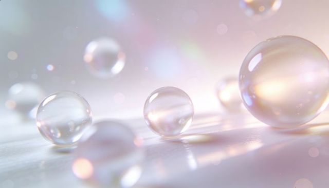 Iridescent glass spheres glowing on reflective tabletop with pastel bokeh and soft light
