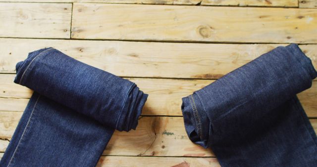 Image of two pairs of rolled up denim trousers with with copy space on wooden background - Download Free Stock Photos Pikwizard.com