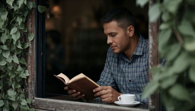 Contemplative man reading on ivy-framed cafe windowsill with coffee cup