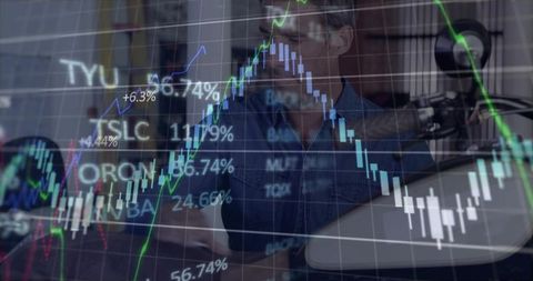 Mechanic inspecting motorcycle with stock market overlay showing rising and falling trends