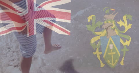 Beach Walking with British Flag and Coat of Arms Overlay
