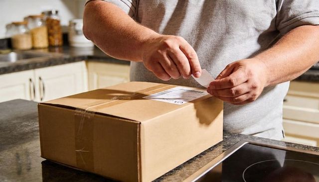 Adult male applying shipping label to parcel on kitchen island preparing home delivery