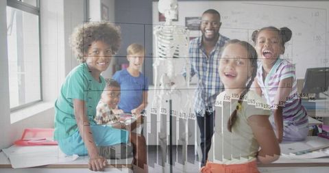 Diverse classroom learning anatomy with skeleton model and interactive data visualizations