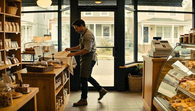 Baker arranging pastries under cloche at cozy wooden storefront with glass display case