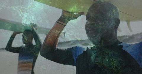 Surfers Preparing African American Men with Surfboards Intersects Waves