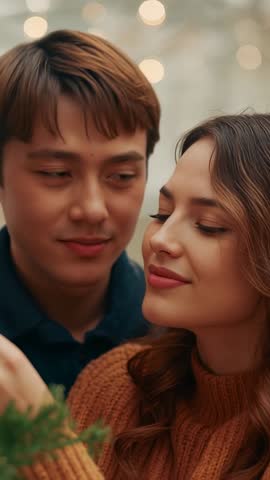 Couple hanging baubles and adjusting lights on Christmas tree sharing romantic holiday moment