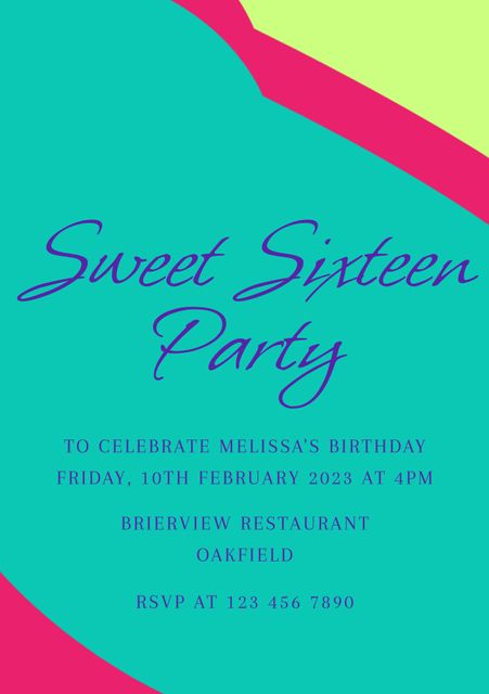 This invitation design features a vibrant color scheme with bold blocks and elegant typography, perfect for a Sweet Sixteen celebration. It suits birthday parties, milestone gatherings, and teenage events. Eye-catching and modern, this invitation communicates joy and youthful energy. Use it to invite guests to a special teenage birthday party.