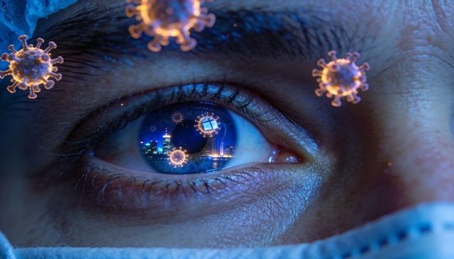 Eye reflecting neon skyline, viral particles floating around surgical mask closeup
