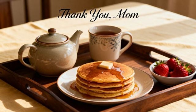 Sunlit Breakfast Tray Featuring Stack of Pancakes, Tea and Strawberries Saying Thank You Mom