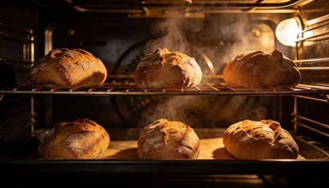 Six artisanal loaves steaming and browning on baking stone inside home oven