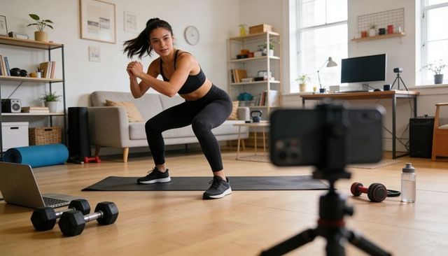 Asian fitness coach squatting on yoga mat recording home workout with dumbbells and laptop