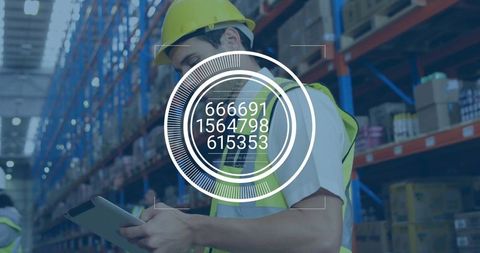 Warehouse worker holding tablet checking inventory with HUD overlay for logistics and safety