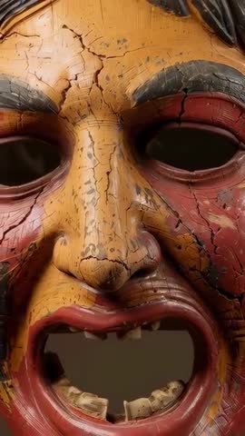 Vertical Camera Pulling Back Revealing Weathered Carved Wooden Mask with Exposed Teeth