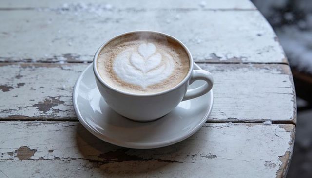 Steaming latte featuring heart foam art on weathered wooden table for cozy cafe mood