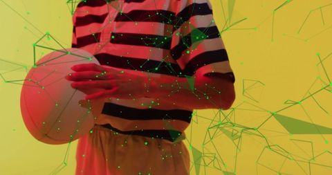 Woman Holding Sports Ball with Futuristic Network Overlay