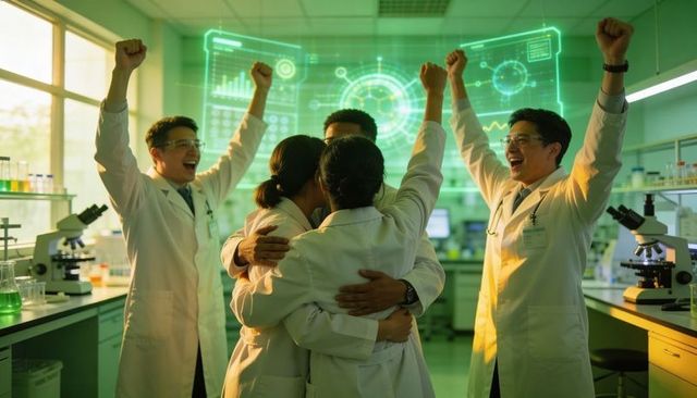 Laboratory team celebrating scientific breakthrough with futuristic holographic data display