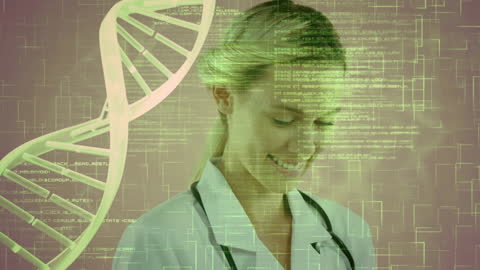 Smiling Doctor Researching Genetics with DNA and Code Overlay