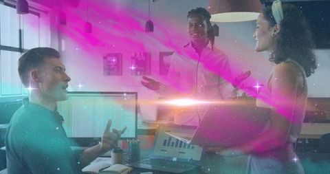 Business Team Collaborating in Futuristic Cosmic Environment